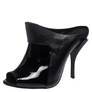 Pre Owned Fendi Black Lizard Embossed And Patent Leather Peep Toe Sandals Size 40