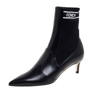 Pre Owned Fendi Black Leather And Knit Fabric Rockoko Pointed Toe Ankle Booties Size 37
