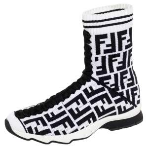 Pre Owned Fendi Black/White Knit Fabric Logo Sock Sneakers Size 39