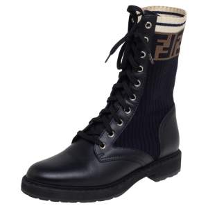 Pre Owned Fendi Black Leather And FF Motif Detail Stretch Fabric Rockoko Combat Boots Size 38