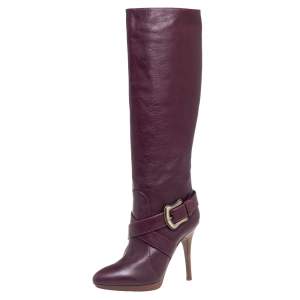 Fendi Burgundy Leather B Buckle Knee Length Boots Size 40