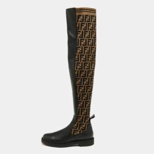 Pre Owned Fendi Black/Brown Leather And FF Zucca Canvas Over The Knee Boots Size 40