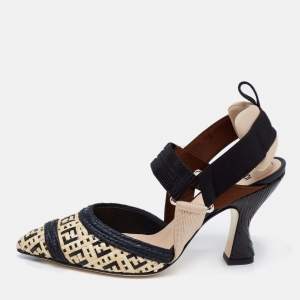 Pre Owned Fendi Beige Woven Raffia and Fabric Colibri Slingback Sandals Size 35