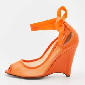 Pre Owned  Fendi Orange Mesh And Leather Ankle Wrap Cut Out Peep Toe Wedge Pumps Size 41