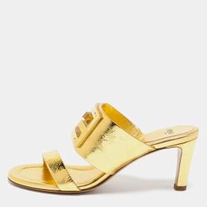 Pre Owned Fendi Metallic Gold Leather Baguette Slide Sandals Size 37