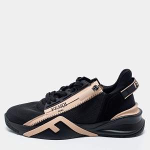 Pre Owned Fendi Black/Beige Mesh And Suede Flow Logo Low Top Sneakers Size 38