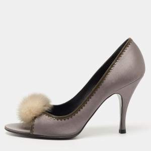 Pre Owned Fendi Grey Satin Pom Pom Open Toe Pumps Size 39
