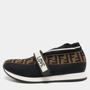 Fendi Brown/Black Zucca Knit Fabric Rockoko Slip On Sneakers Size 38