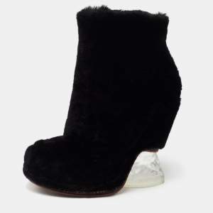 Pre Owned Fendi Black Shearling Fur Ankle Boots Size 38