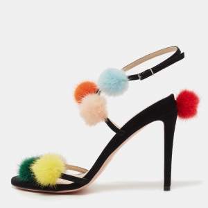 Fendi Black Suede Mink Fur Pompoms Ankle Strap Sandals Size 39