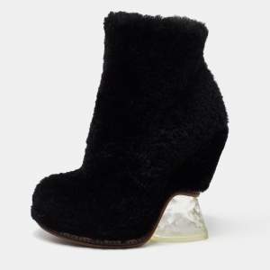Pre Owned Fendi Black Fur Ice Heel Ankle Boots Size 36