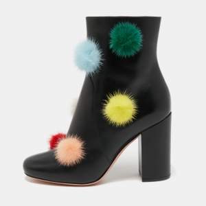 Pre Owned Fendi Black Leather Pom Pom Ankle Boots Size 38.5 