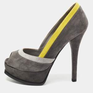 Pre Owned Fendi Grey/Yellow Suede Fendista Platform Pumps Size 37.5