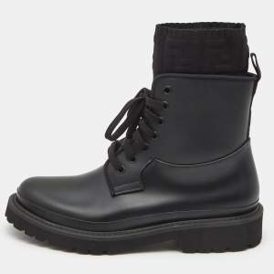 Pre Owned Fendi Black Rubber and Zucca Knit Fabric Ankle Boots Size 38
