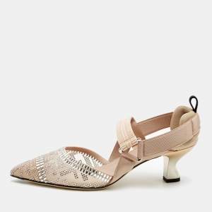 Pre Owned Fendi Pink Crystal Embellished Mesh and Canvas Colibri Slingback Pumps Size 41