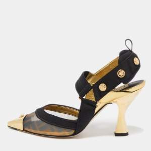 Pre Owned Fendi x Versace Black/Gold Mesh and Fabric Slingback Pumps Size 37