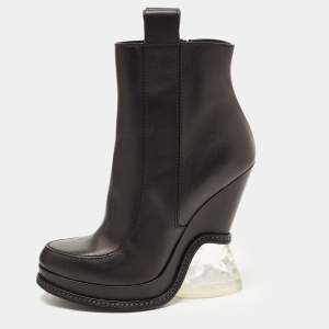 Pre Owned Fendi Navy Black Leather Ffreedom Wedge Ankle Boots Size 40