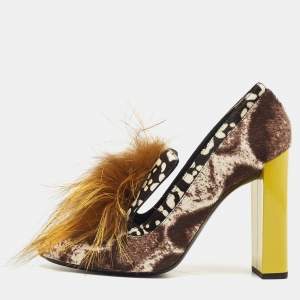 Pre Owned Fendi Brown Print Calf Hair And Fox Fur Block Heel Pumps Size 40
