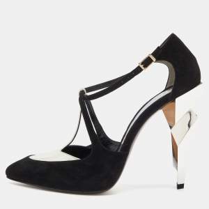 Pre Owned Fendi Black/Silver Suede and Leather Ankle Strap Pumps Size 40