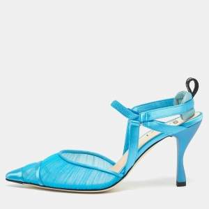 Pre Owned Fendi Blue Tulle and Satin Colibri Lite Slingback Pumps Size 37