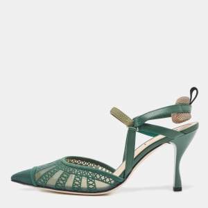 Pre Owned Fendi Green Mesh and Leather Colibri Lite Slingback Pumps 39.5