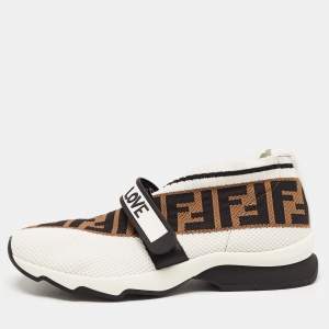 Fendi White/Brown Monogram Mesh Rockoko Velcro Strap Low Top Sneakers Size 38