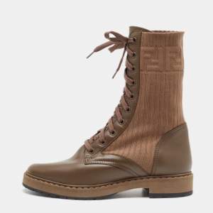 Fendi Brown Leather And Fabric Combat Boots Size 38