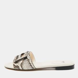 Fendi Beige/Cream Python Embossed Leather Baguette Flat Slides Size 35