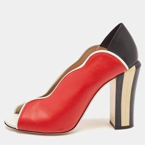Pre Owned Fendi Tricolor Leather Scallop Lined Peep Toe Pumps Size 37.5