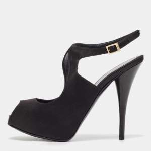 Pre Owned Fendi Black Satin Peep Toe Ankle Strap Pumps Size 38.5 