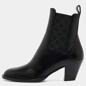 Pre Owned Fendi Black Leather and Canvas Ankle Boots Size 37