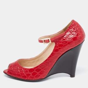 Pre Owned Fendi Red Crocodile Peep Toe Wedge Pumps Size 40