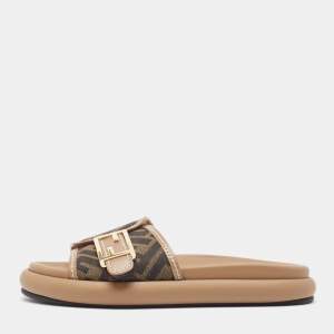 Fendi Brown Zucca Canvas FF Buckle Slides Size 36