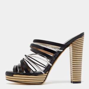 Fendi Black Leather Strappy Platform Slide Sandals Size 39