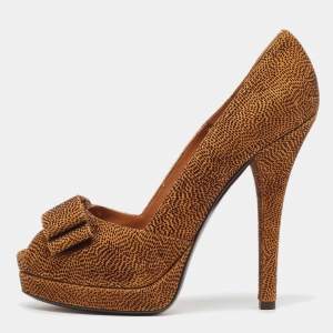 Fendi Brown/Black Textured Suede Bow Peep Toe Pumps Size 40