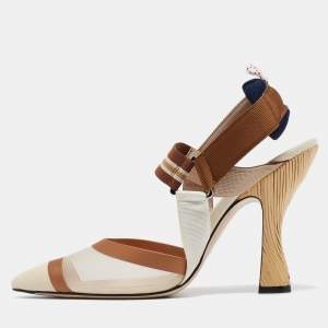 Fendi Beige/Brown Mesh and Canvas Colibri Slingback Pumps Size 41