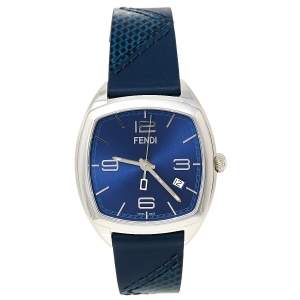 Pre Owned Fendi Blue Stainless Steel Leather Momento 22000L Unisex Wristwatch 39 mm