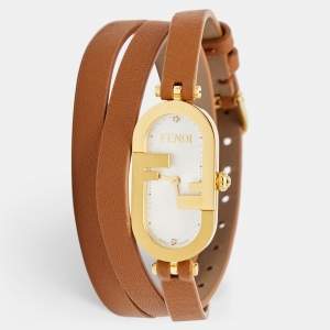 Fendi Silver Gold Plated Stainless Steel Leather Diamond O'Lock Vertical 148 Women's Wristwatch 15 mm