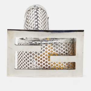 Pre Owned Fendi Silver Perforated Patent Leather FF Buckle Wide Belt 85CM