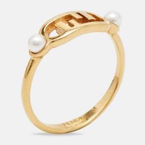 Pre Owned Fendi O'Clock Faux Pearl Gold Tone Ring Size 55