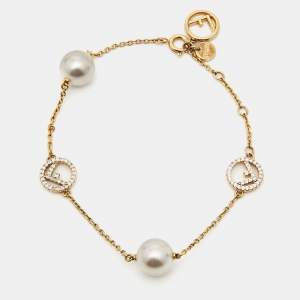 Pre Owned Fendi F is Fendi Faux Pearl Crystal Gold Tone Station Bracelet