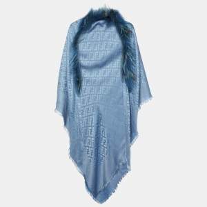 Fendi Blue Touch of Fur FF Jacquard Silk & Wool Shawl