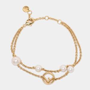 Pre Owned Fendi F is Fendi Faux Pearl Gold Tone Station Bracelet
