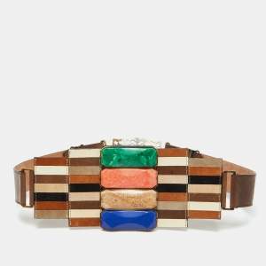 Fendi Brown Leather Mosaic Lapis Statement Belt 80CM
