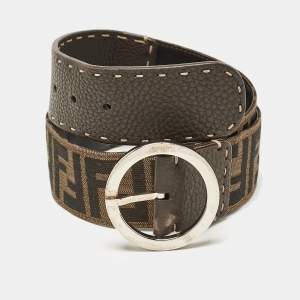 Fendi Tobacco Zucca Canvas and Leather Round Buckle Belt 80CM