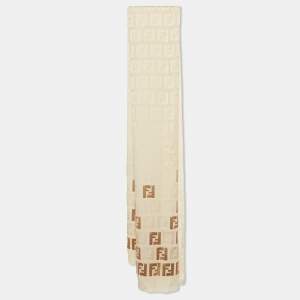 Pre Owned Fendi Beige/Gold Zucca Print Silk Scarf