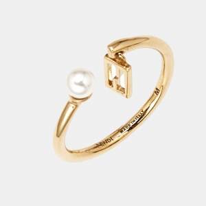 Fendi Baguette Faux Pearl Gold Tone Open Ring Size 54