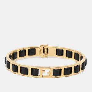 Fendi Fendista Black Leather Gold Tone Bracelet 