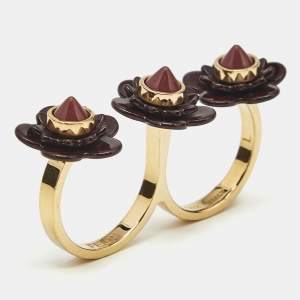 Fendi Blossom Black Resin & Gold Tone Flower Two Finger Ring L