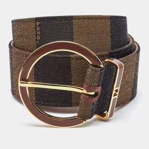 Pre Owned Fendi Brown Canvas Pequin Stripe Round Buckle Belt 80CM